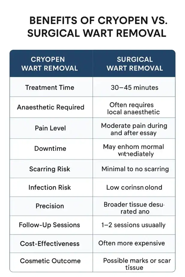 Table showing the benefits of cryopen to remove warts South Yorkshire compared to surgical treatment